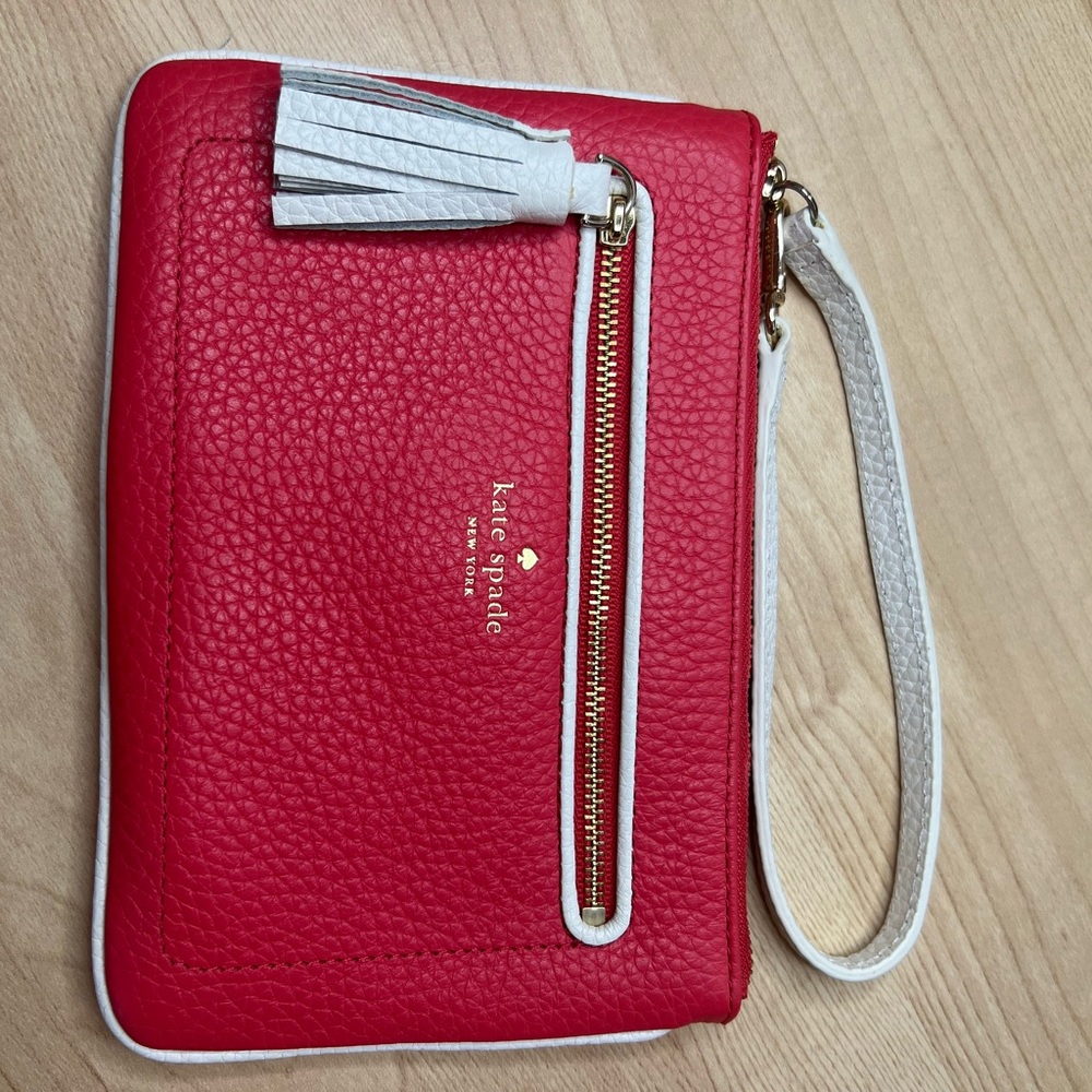 kate spade Red and White Pebbled Leather Wristlet with Tassel